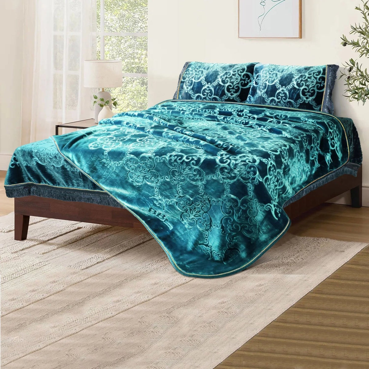 Golden Touch Embossed 4-Pcs Solid Cloudy Blanket Set