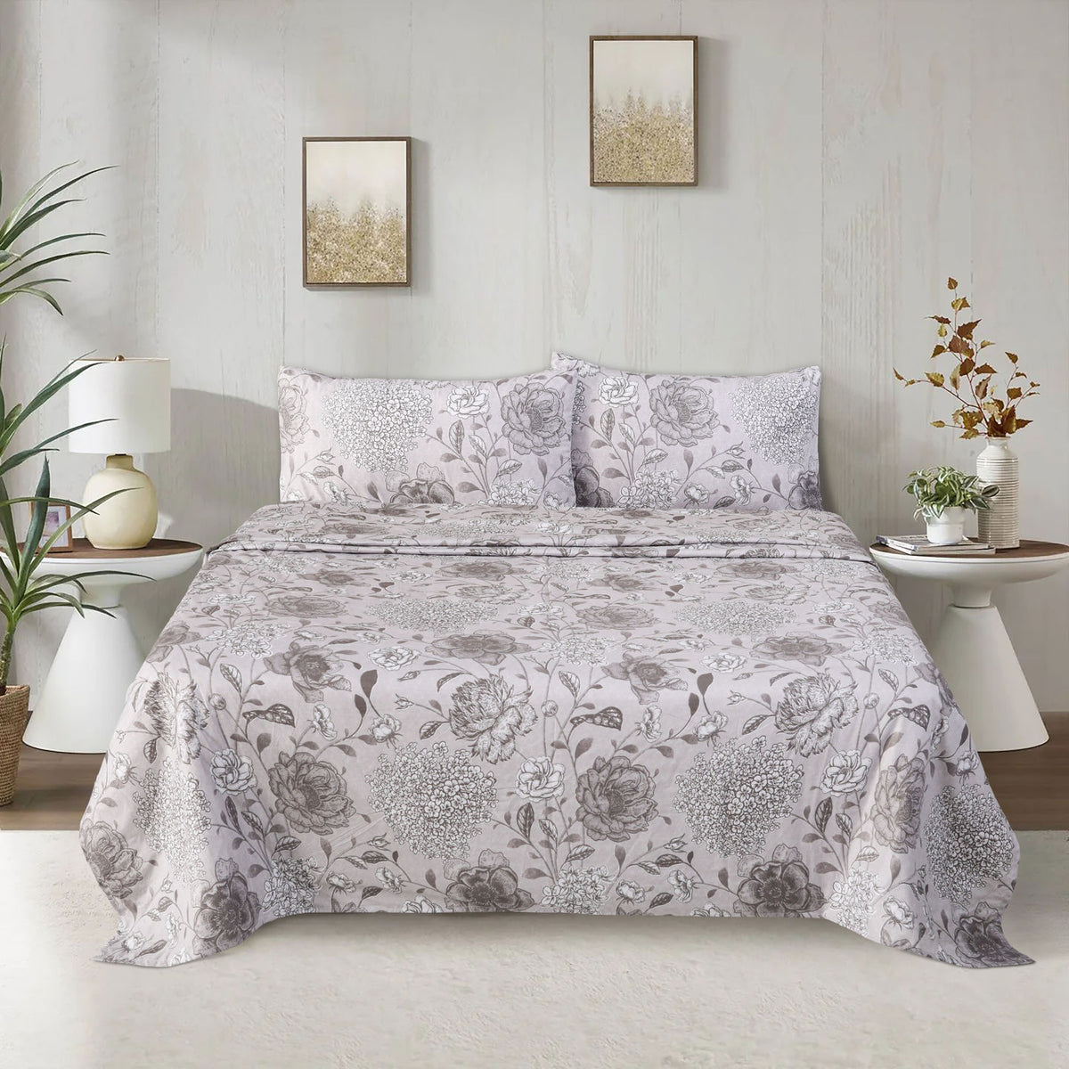 3 PCS Feather Bedsheet Set Silver Garden