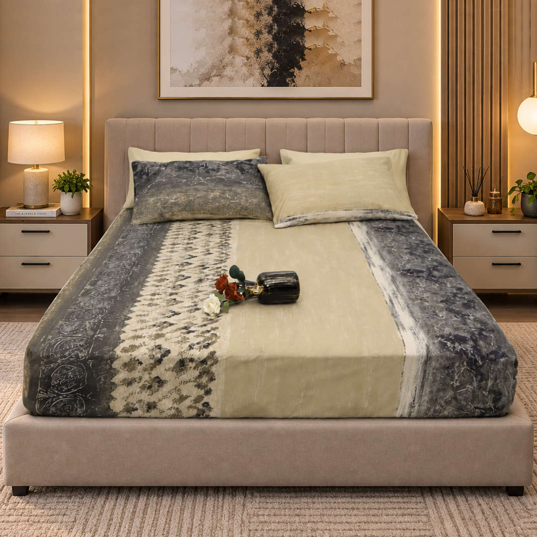 Feather Gold 5 Pcs Printed Fitted Sheet Set FG-105