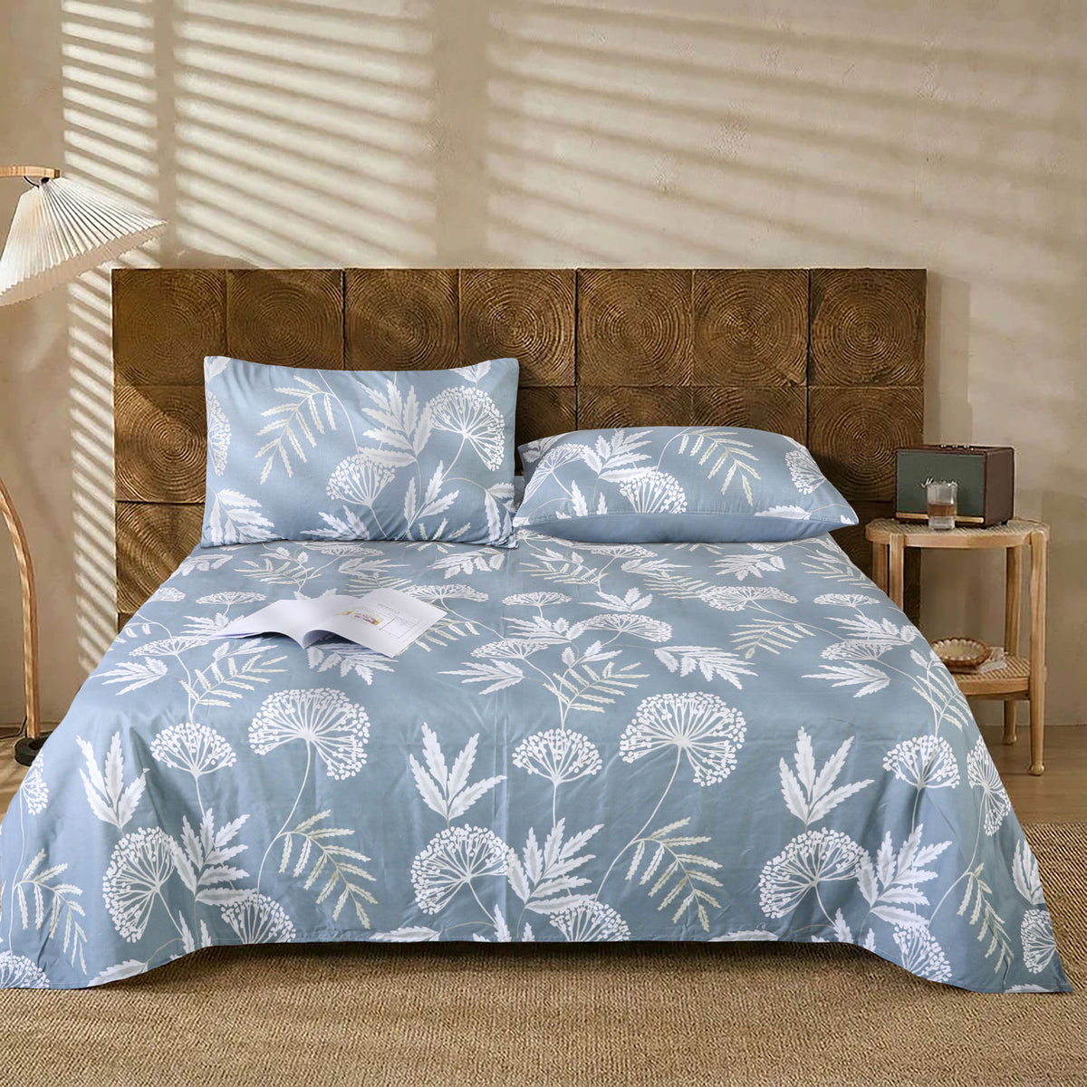 3 PCS Feather Bedsheet Set Blue Fern