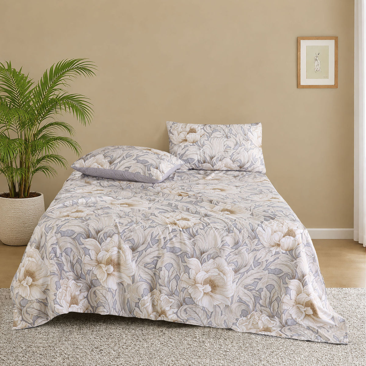 3 PCS Feather Bedsheet Set Ivory Blossom