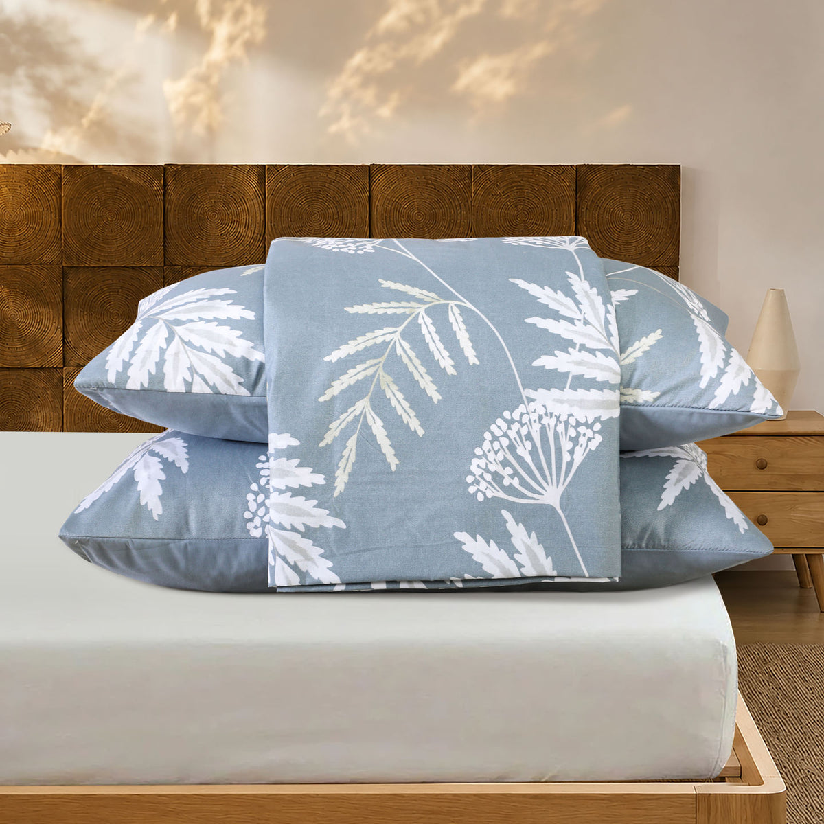 3 PCS Feather Bedsheet Set Blue Fern