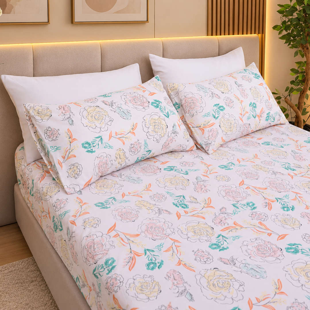 Feather Gold 5 Pcs Printed Fitted Sheet Set FG-107