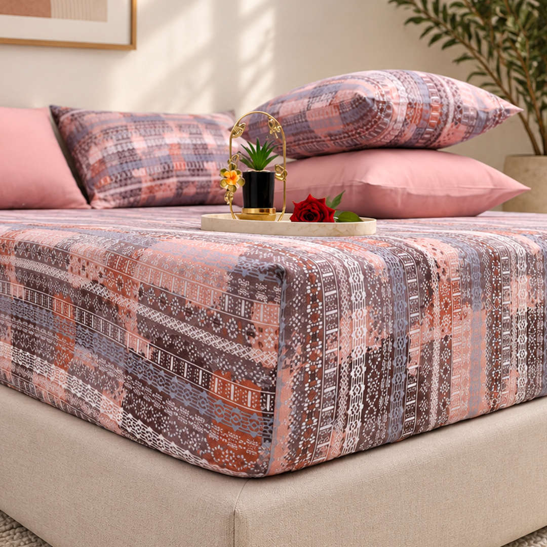 Feather Gold 5 Pcs Printed Fitted Sheet Set FG-110