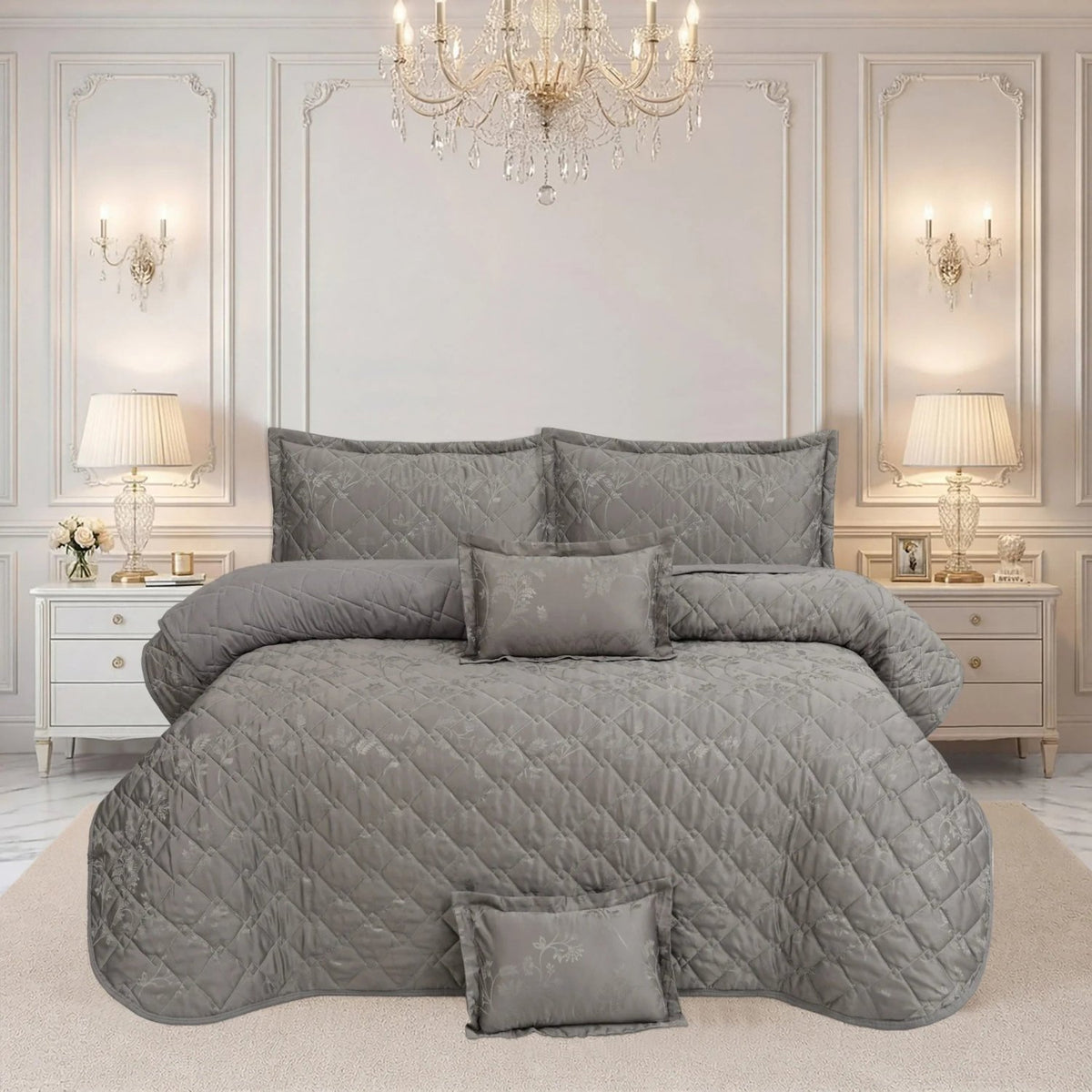 Spring collection – 5 Pcs Bedspread Set - Grey floral