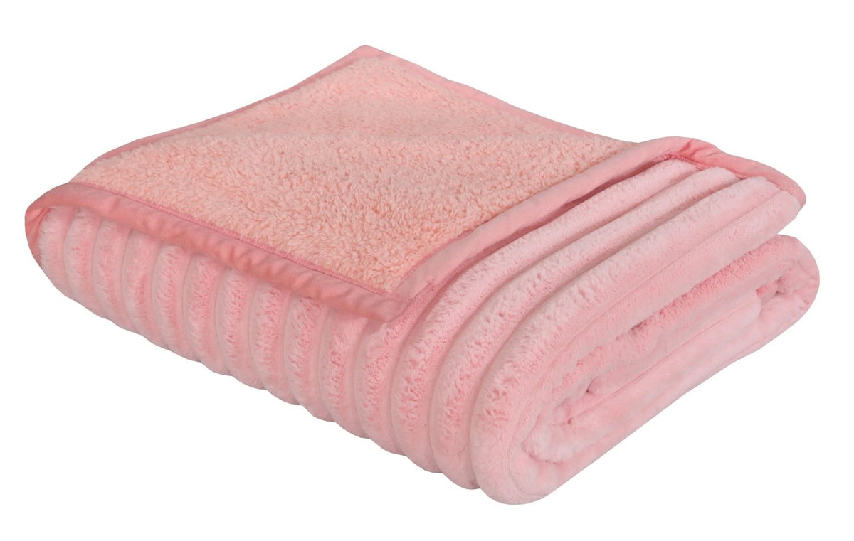 Folded soft pink plush fleece blanket with a satin border