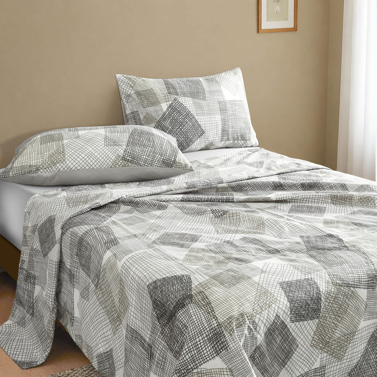3 PCS Feather Bedsheet Set Graphite Grid