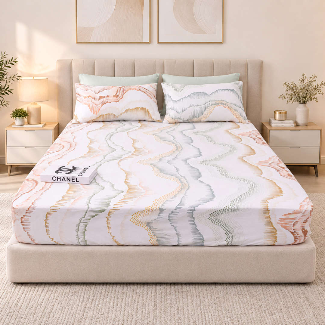 Feather Gold 5 Pcs Printed Fitted Sheet Set FG-111