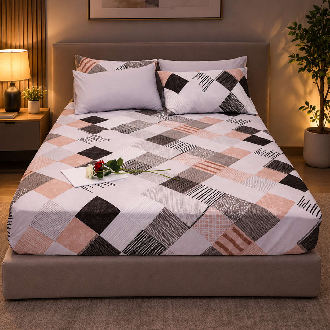 Feather Gold 5 Pcs Printed Fitted Sheet Set FG-108