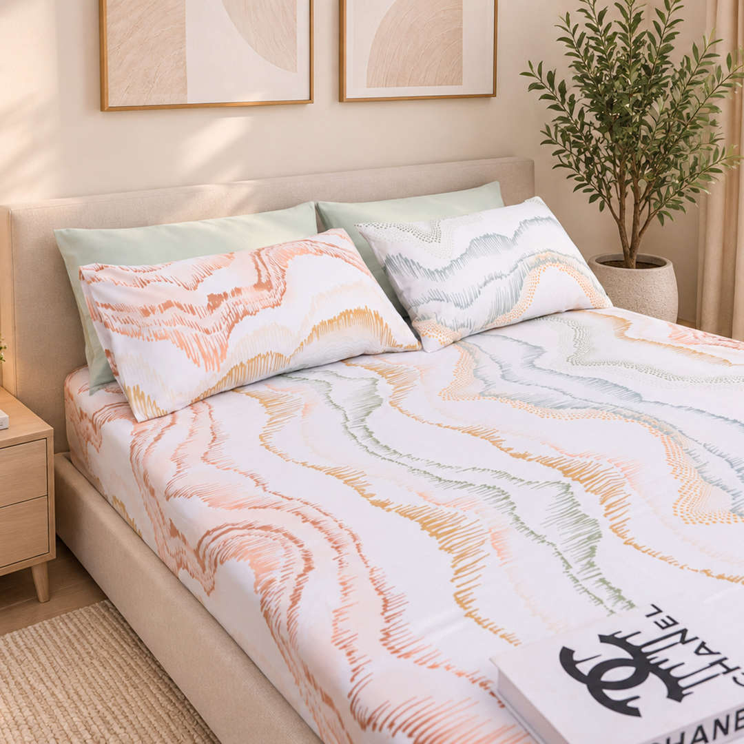 Feather Gold 5 Pcs Printed Fitted Sheet Set FG-111