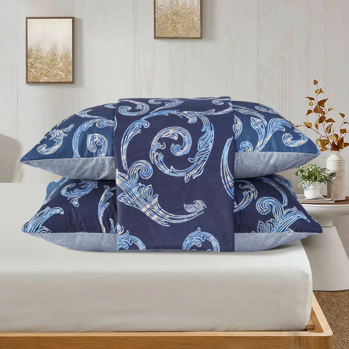 3 PCS Feather Bedsheet Set Blue