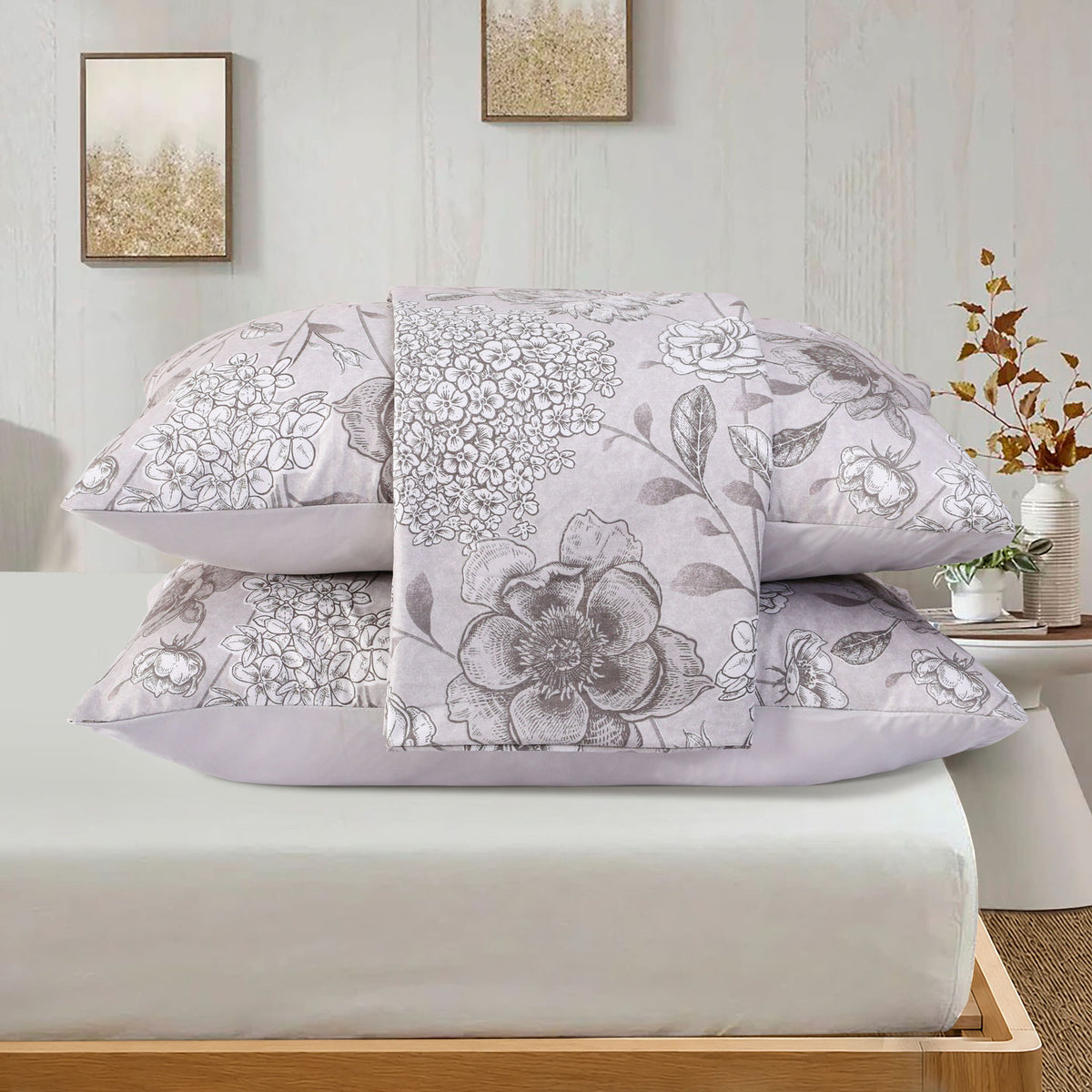 3 PCS Feather Bedsheet Set Silver Garden