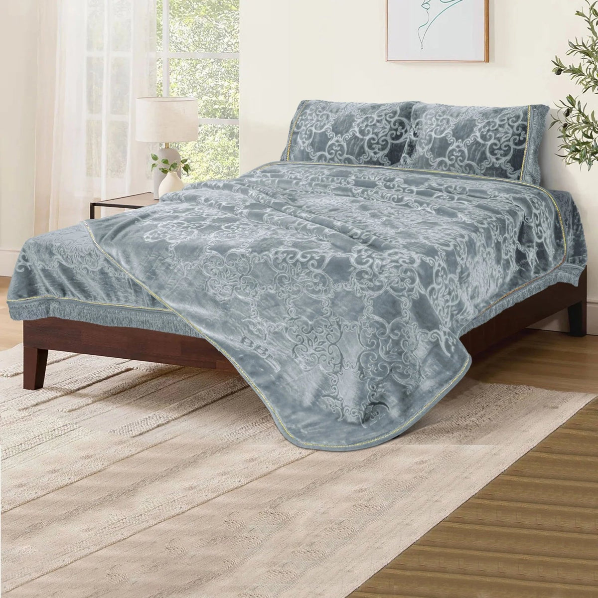Golden Touch Embossed 4-Pcs Solid Cloudy Blanket Set