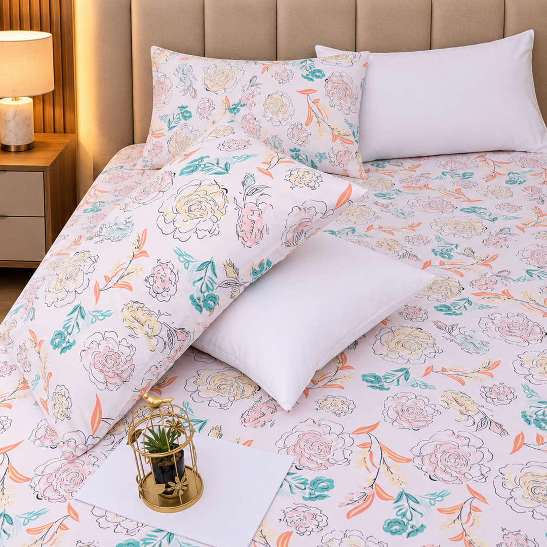 Feather Gold 5 Pcs Printed Fitted Sheet Set FG-107