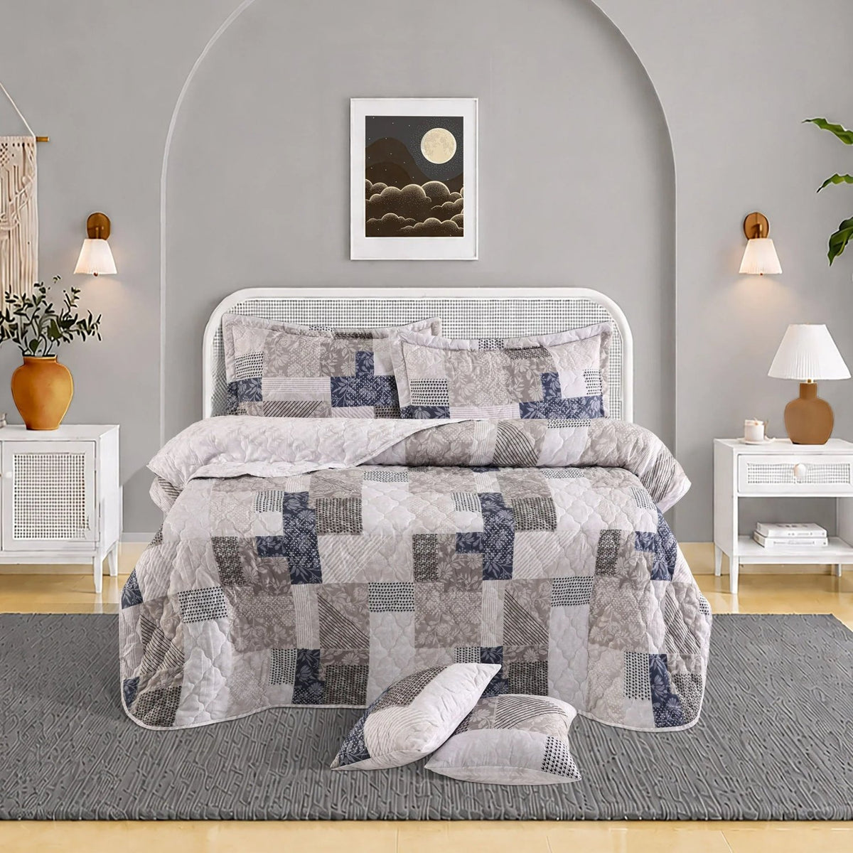 Tonight 6 Pcs Bedspread Set Blue-Grey Squares