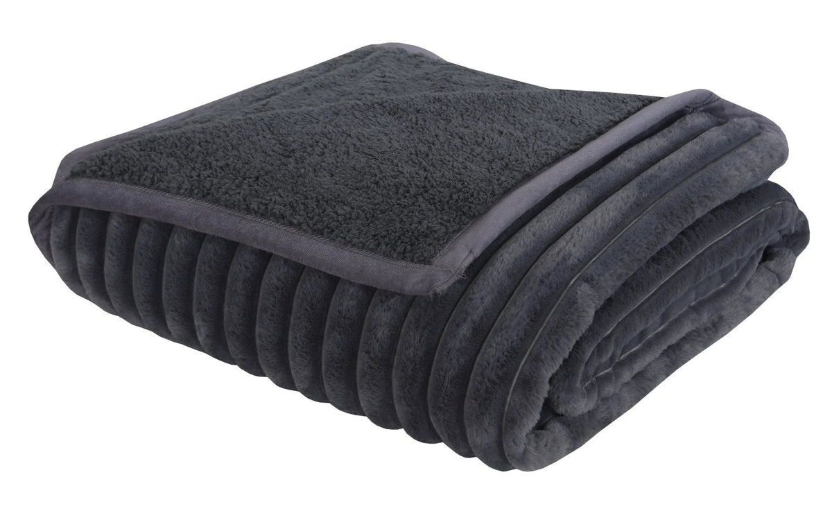 Folded charcoal grey plush fleece blanket with ribbed texture