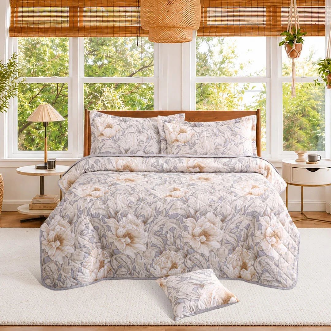 Feather Gold Collection 5 Pcs Bedspread Set - Ivory