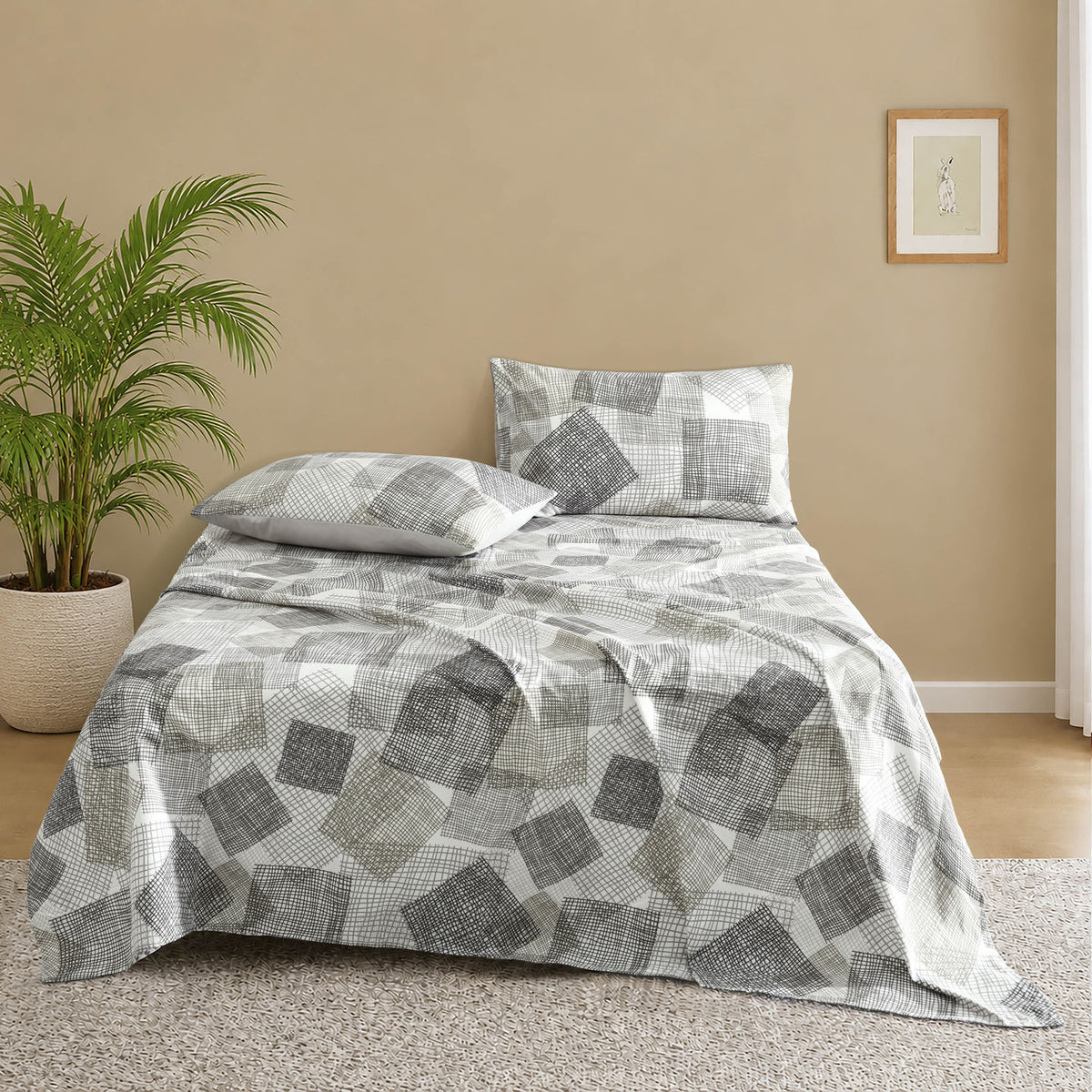 3 PCS Feather Bedsheet Set Graphite Grid